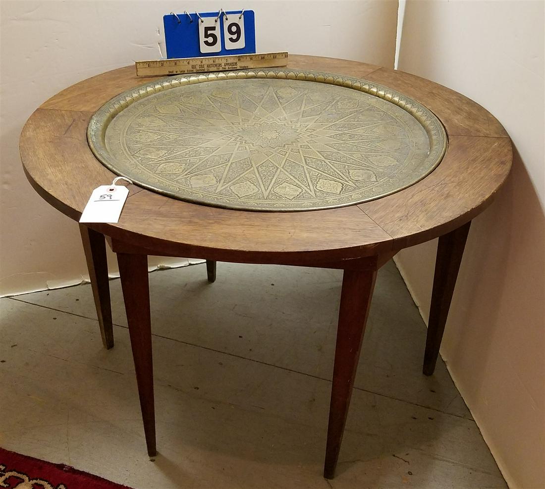 TEAK 31" DIAM STAND W/ BRASS TRAY TOP. 20 1/2"H (1 of 9)