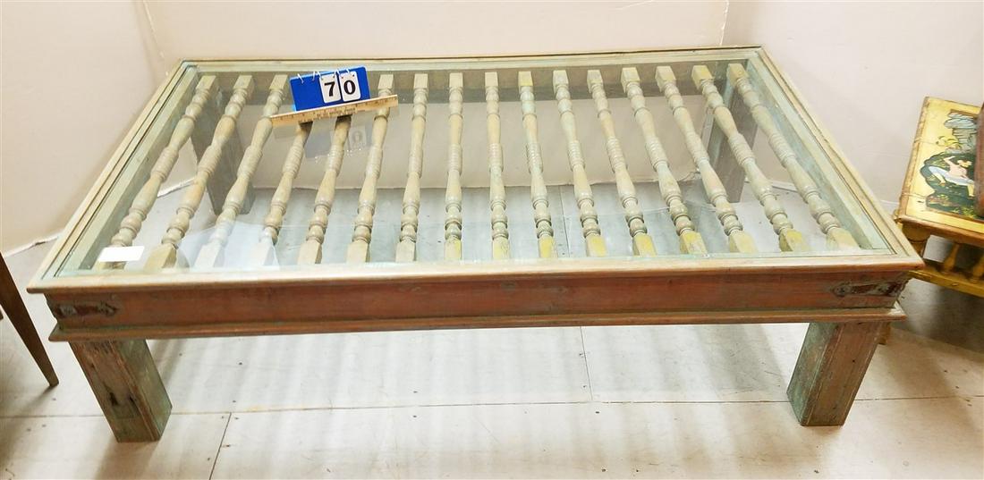 WOODEN COFFEE TABLE W/ BANNISTER TOP. 18"H X 62 1/2"W X 37"D (1 of 4)