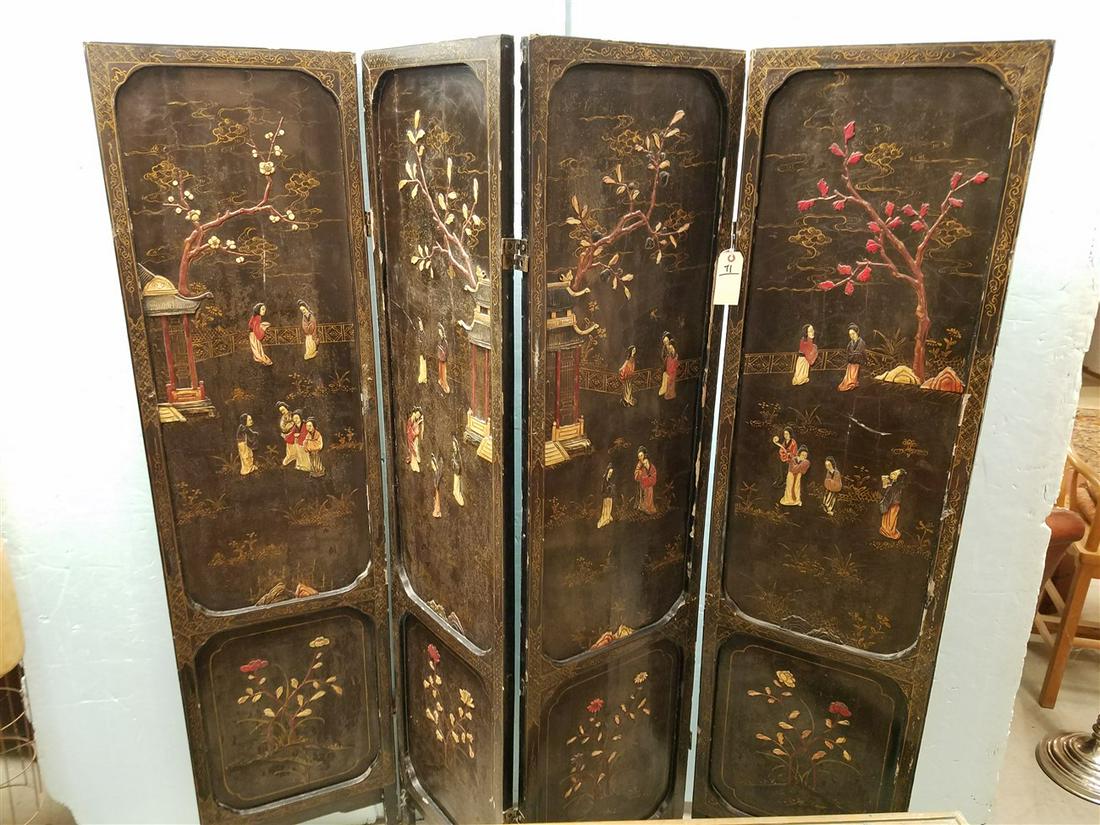 CHINESE 4 FOLD LACQUER SCREENW/ CARVED HARDSTONE INLAID FIGURES. 71 1/2"H X 18"W (EACH SECTION) (1 of 10)