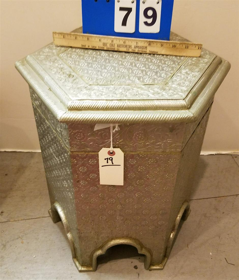 EMBOSSED METAL CLAD HEXAGONAL TAMBOR STAND. 20"H X 18" DIAMETER (1 of 2)