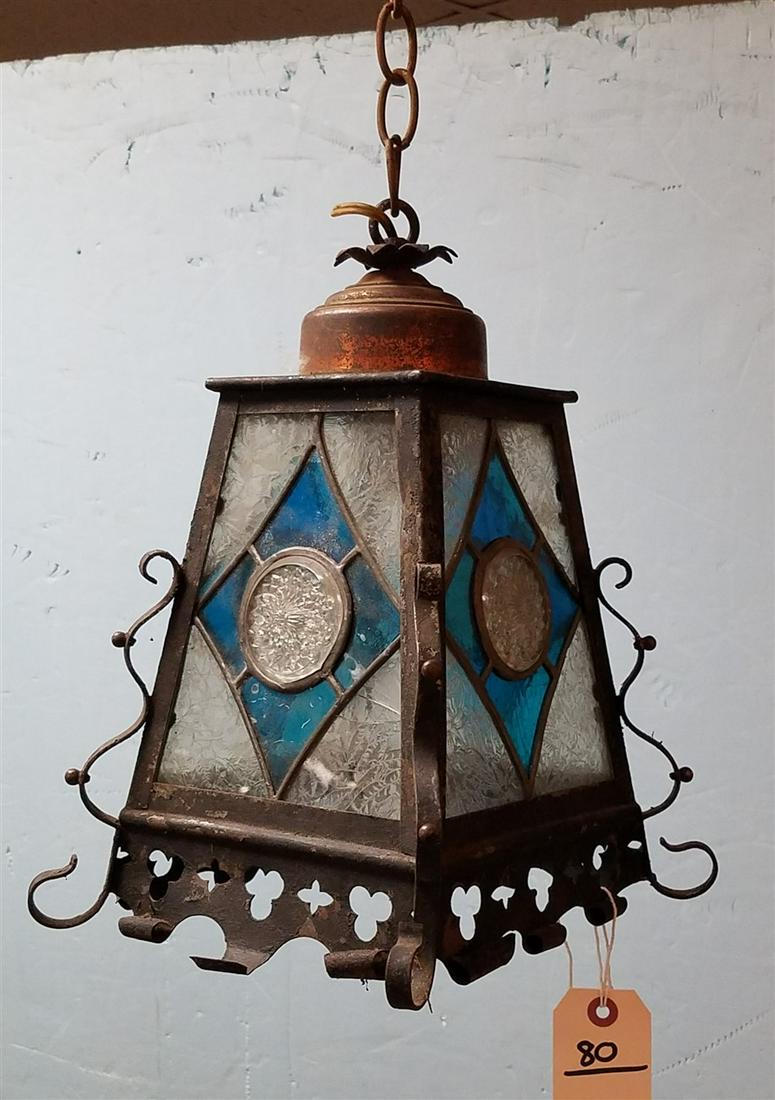 WROUGHT HALL LANTERN W/ LEADED GLASS PANELS. 13"H X 9" SQUARE (1 of 5)
