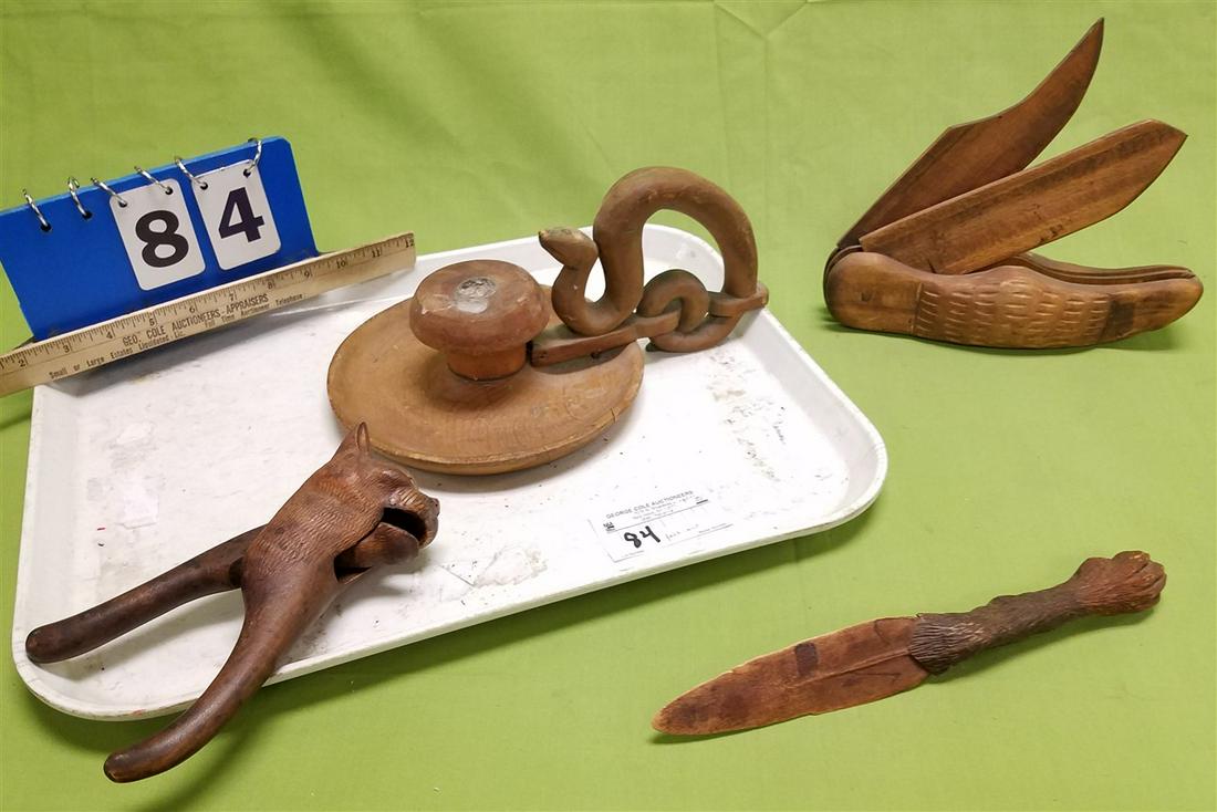 TRAY WOODEN FOLK ART - CAT NUT CRACKER, 2 BLADE KNIFE PAW W/ FEATHER LETTER OPENER + SNAKE HANDLE (1 of 7)