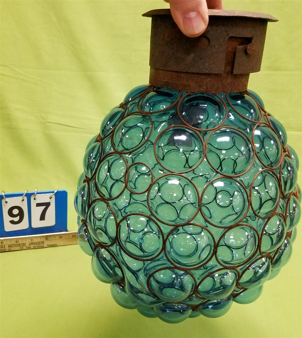 BLUE BUBBLE GLASS + METAL LIGHT FIXTURE 12"H X 8" DIAMETER (1 of 2)