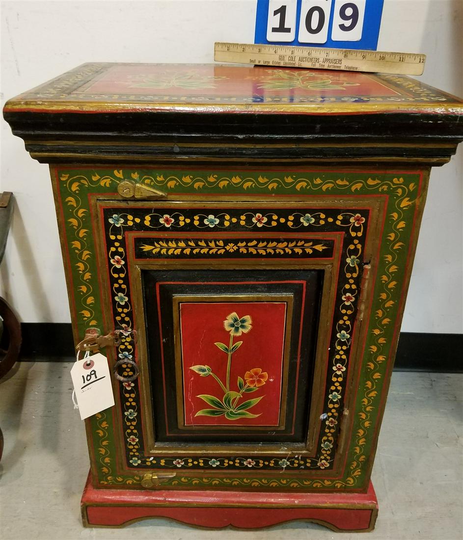 INDO PAINTED 1 DOOR END STAND. 26"H X 18 1/2"W X 13 1/2"D (1 of 6)