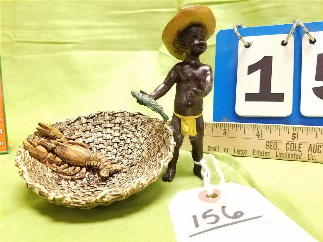 VIENNA COLD PAINTED BRONZE BOY W/LOBSTER IN NET. SGND B BERGMAN. 4 1/2" (1 of 3)