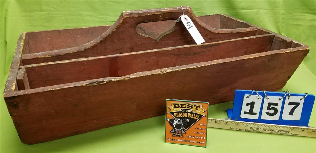 PRIMITIVE RED PAINTED TOOL BASKET. 11 1/2"H X 30"W X 16 1/2"D (1 of 4)