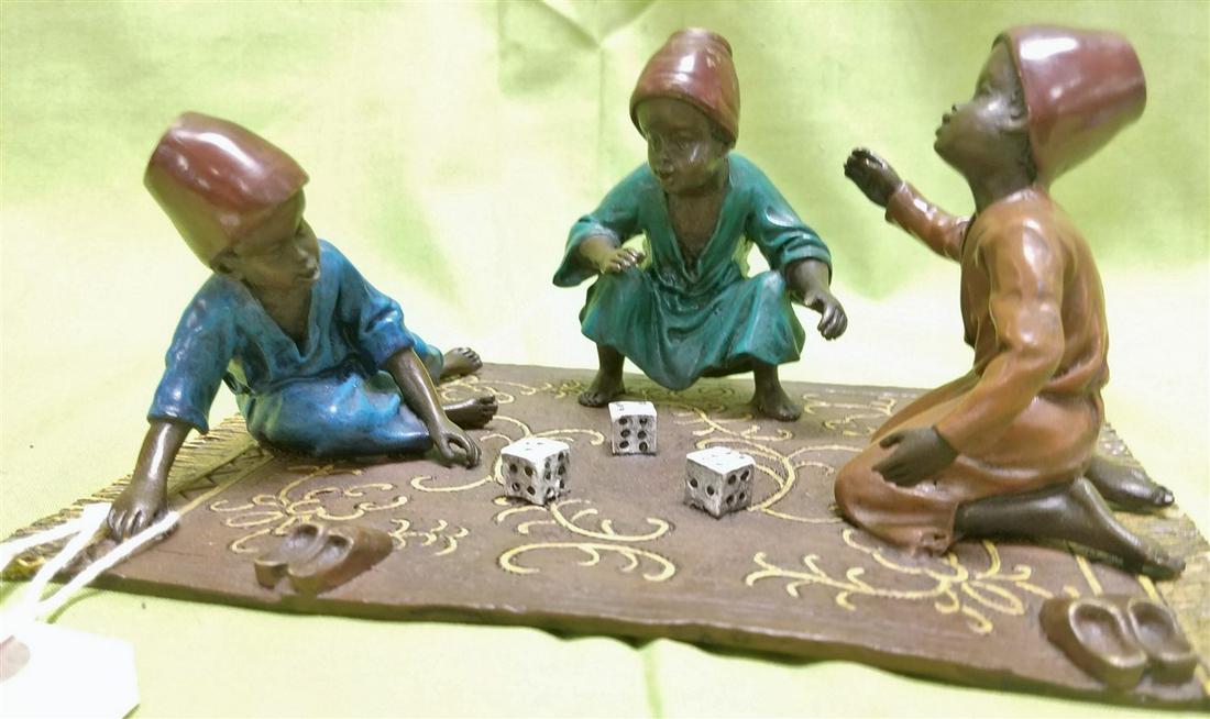 VIENNA BRONZE ARAB BOYS SHOOTING DICE. MKD AUSTRIA. 3 1/2" X 8"W X 5 1/4D (1 of 5)