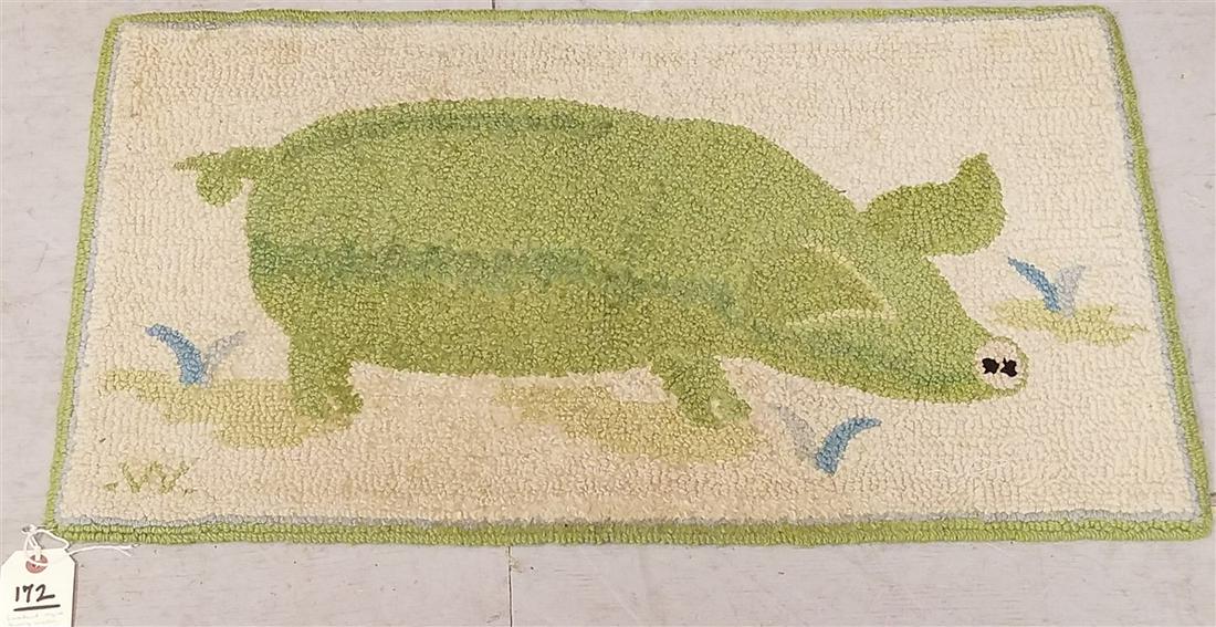 HOOKED RUG. PIG. SGND GEORGE WELLS 17 3/4" X 31 1/2" (1 of 2)