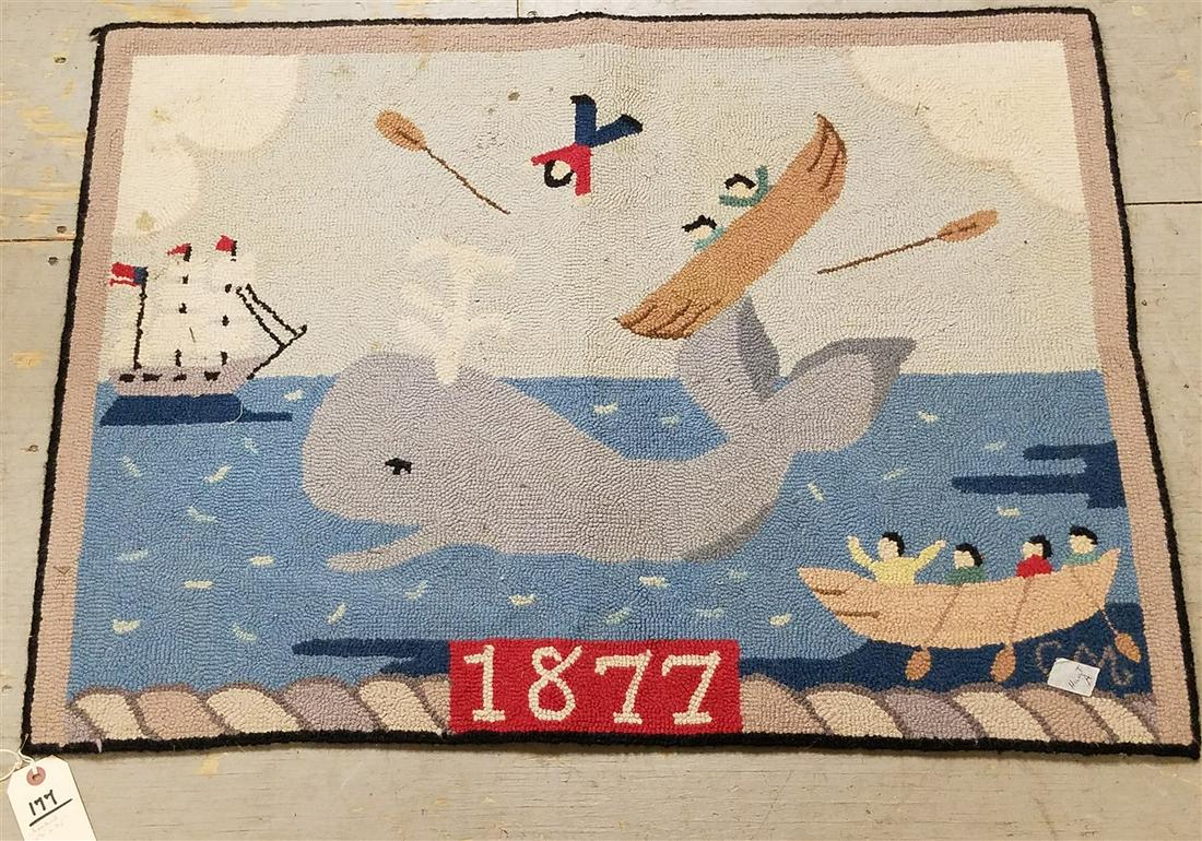 HOKED RUG WHALING. 25 1/2" X 35": HOKED RUG WHALING. 25 1/2" X 35"