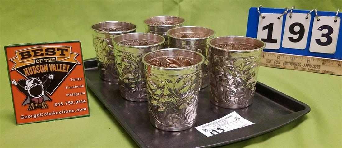 SET 6 FINE SILVER EMBOSSED TUMBLERS MMA1993 26.59OZT: SET 6 FINE SILVER EMBOSSED TUMBLERS MMA1993 26.59OZT
