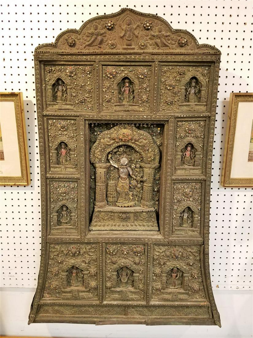 THAI EMBOSSED METAL GEM STUDDED ALTAR PIECE43"H X28.5"W X3.5"D: THAI EMBOSSED METAL GEM STUDDED ALTAR PIECE43"H X28.5"W X3.5"D