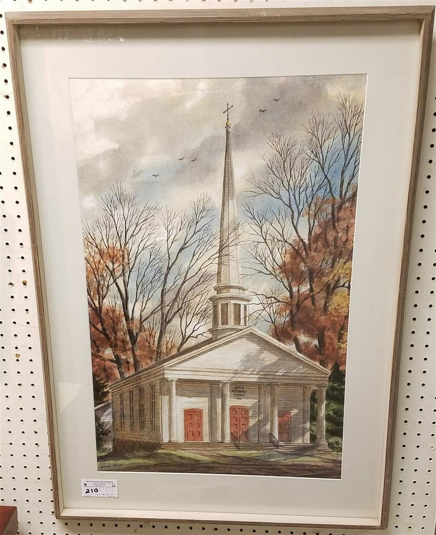 FRAMED W/C & PASTEL DUTCH REFORM CHURCH 1799 SGND GORDON HOWE 29"X18.5" (1 of 4)