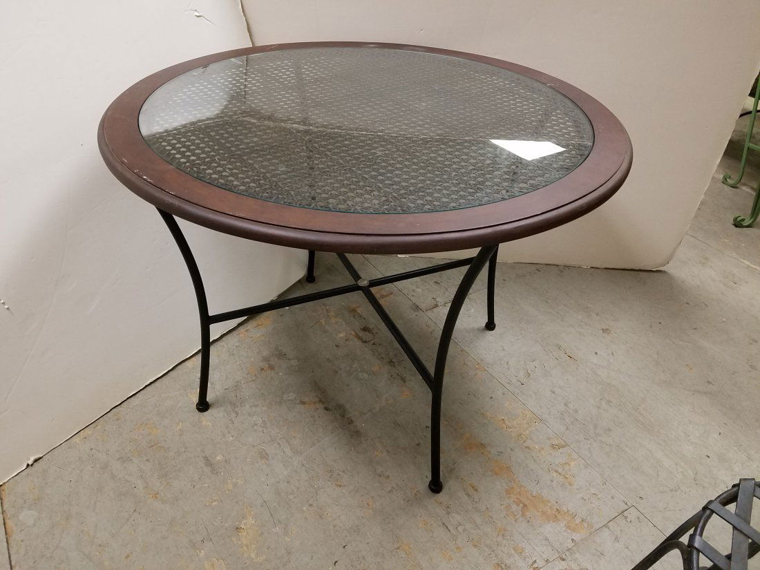 WROUGHT BASE TABLE W/WICKER + GLASS TOP 41" DIAM (1 of 3)