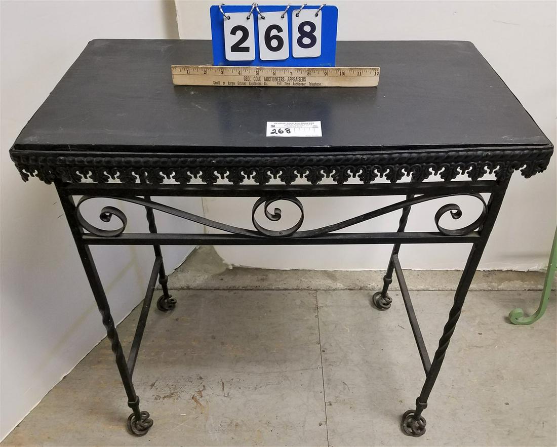 WORUGHT BASE WOODEN TOP TABLE 28"H X 27"W X 14-3/4"D: WORUGHT BASE WOODEN TOP TABLE 28"H X 27"W X 14-3/4"D