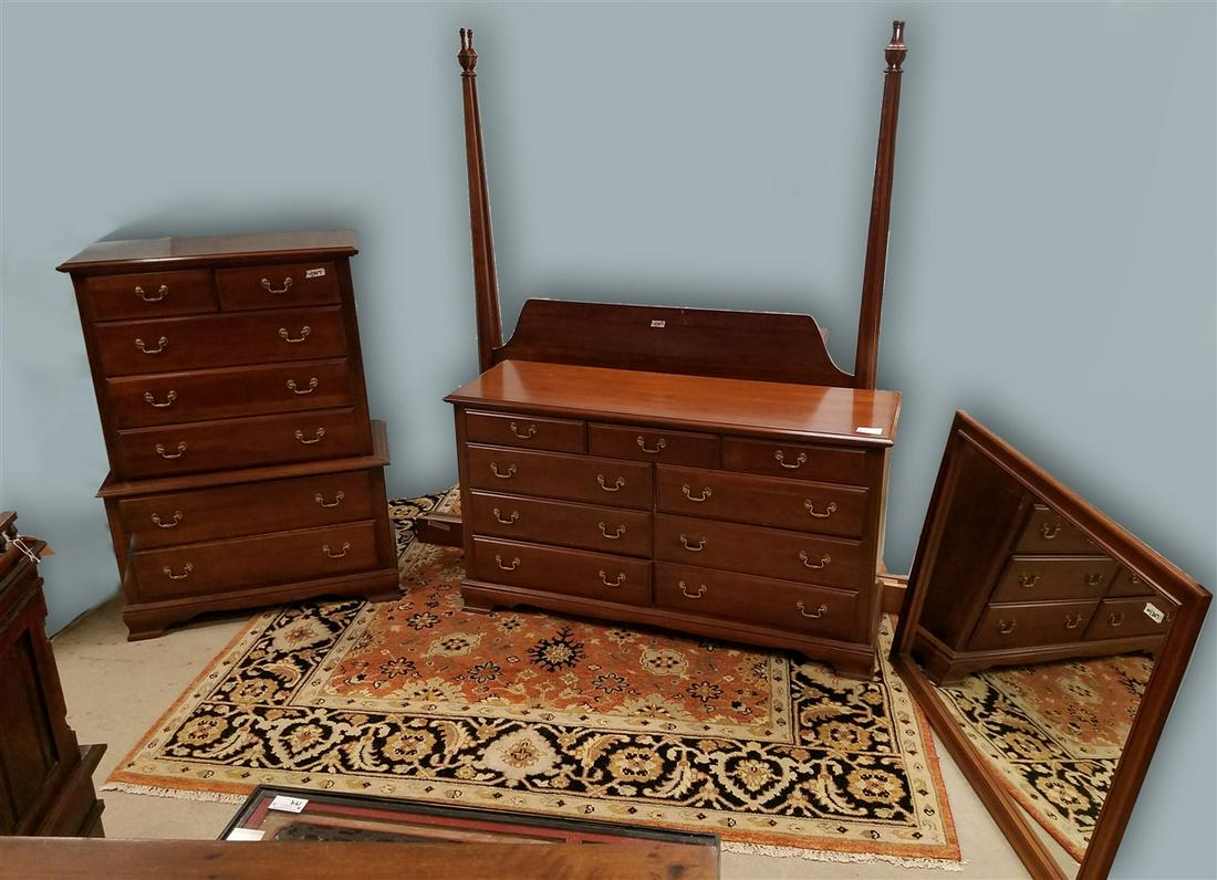 CHERRY 6 PC BED SET 9 DRAWER CHEST, MIRROR, 7 DRAWER TALL CHEST,QUEEN POSTER BED& PR. 4 DRAWER END (1 of 3)