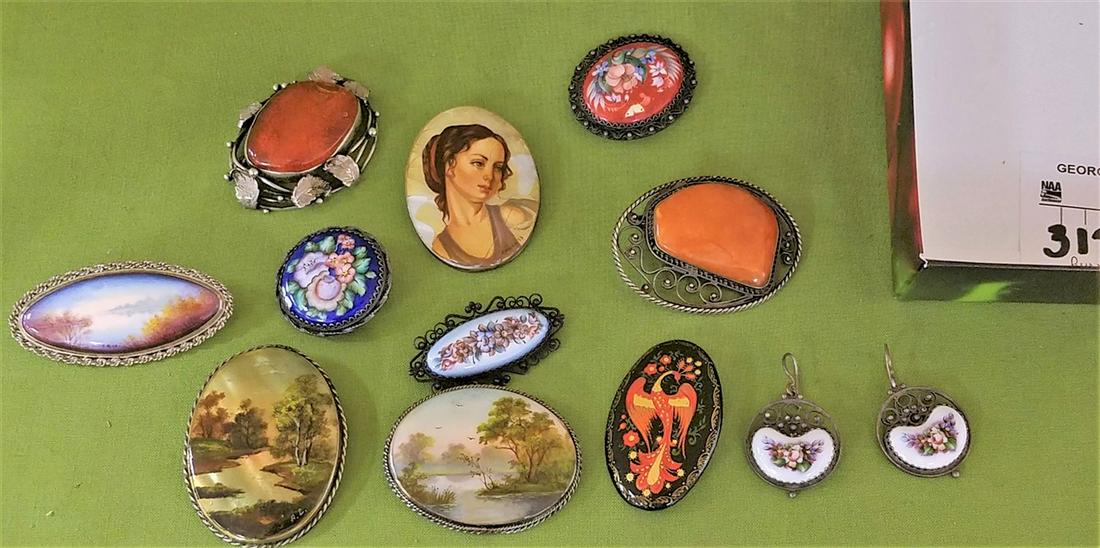 LOT 10 RUSSIAN ENAMEL, AMBER + PAINTING ON MOP PINS (1 of 2)