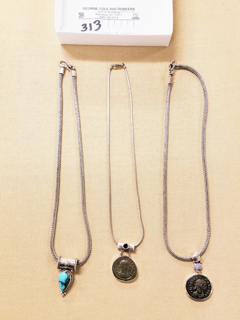 LOT 3 STERLING NECKLACES 2W/ANCINET COINS 1W/TURQ. PENDANT (1 of 2)