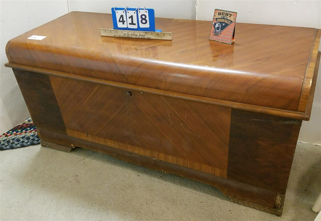 DECO WALNUT CEDAR CHEST W/ CONTENTS-PEWTER, CAST IRON TRIVETS ETC (1 of 7)