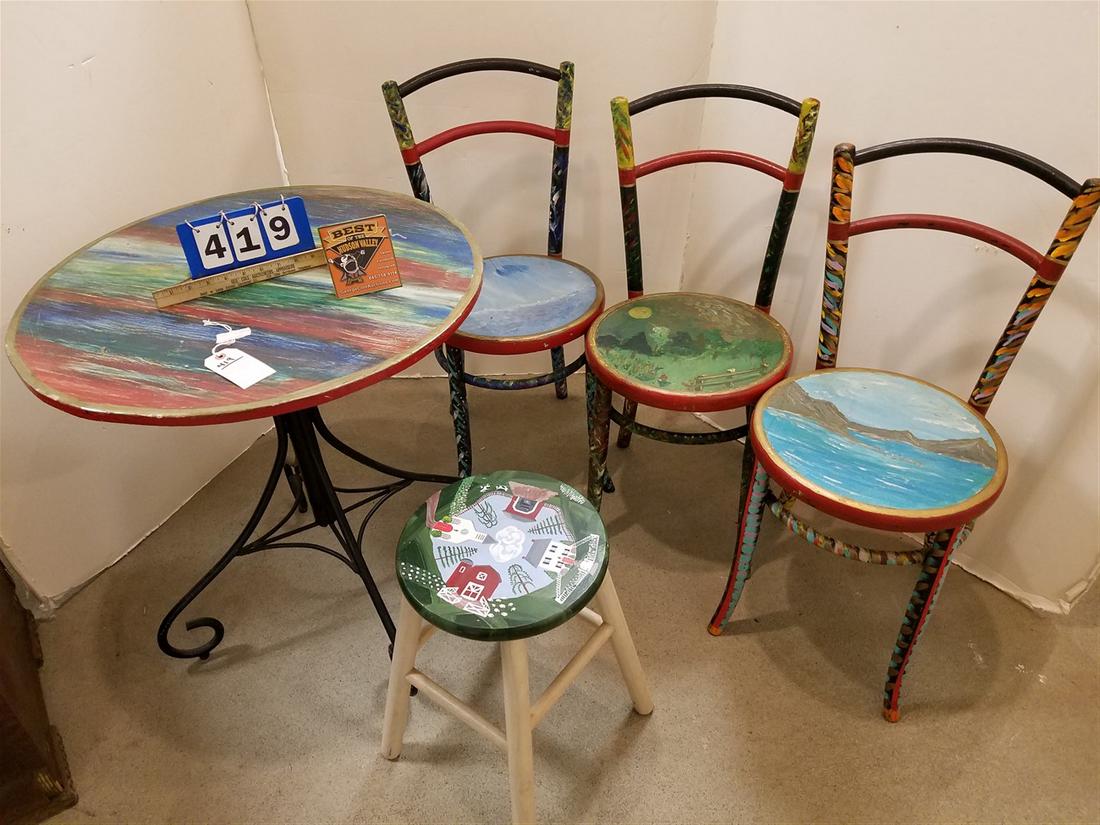 HAND PTD. WROUGHT BASE 26 1/2"D, TABLE BY GEOFFREY JOHN W/ 3 CHAIRS & SM.PTD. STOOL (1 of 5)