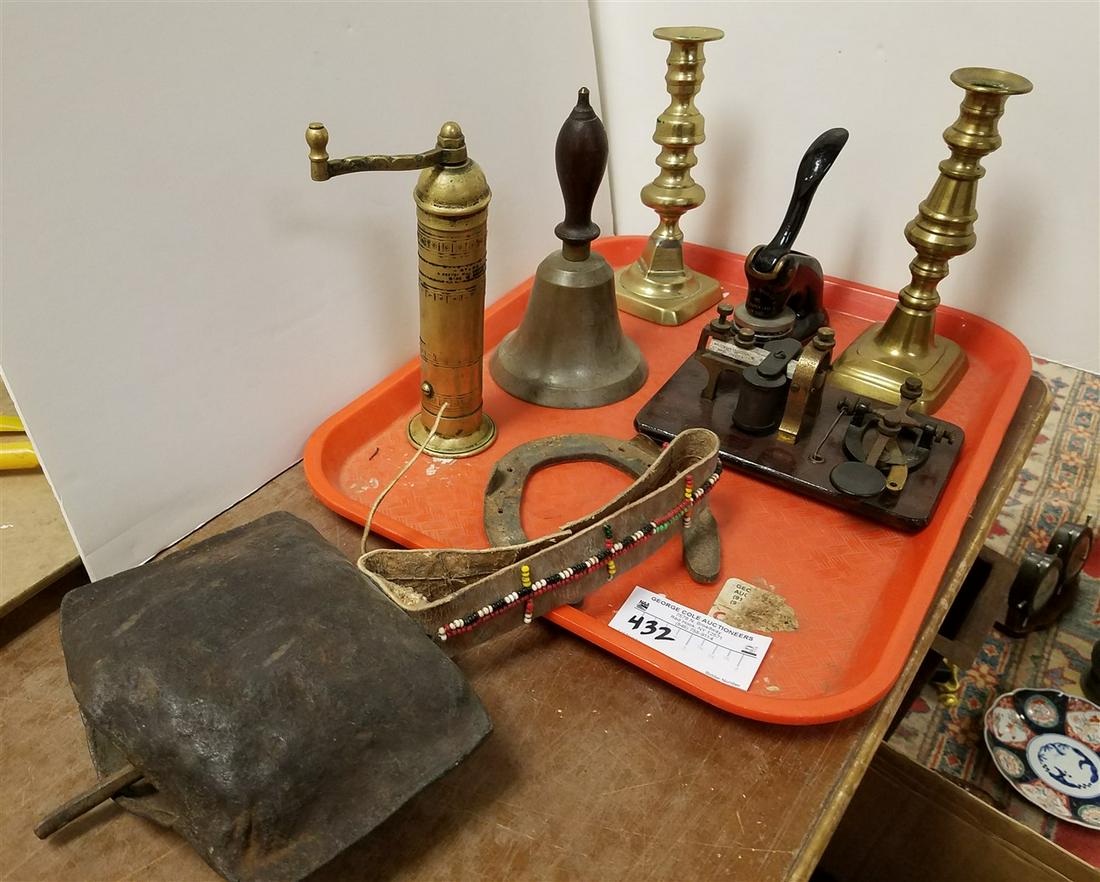 TRAY 18TH C CANDLESTICKS, METAL BELL W/ BEADED LEATHER STRAP, OLD SCHOOL BELL, TELEGRAPH SOUNDER (1 of 4)