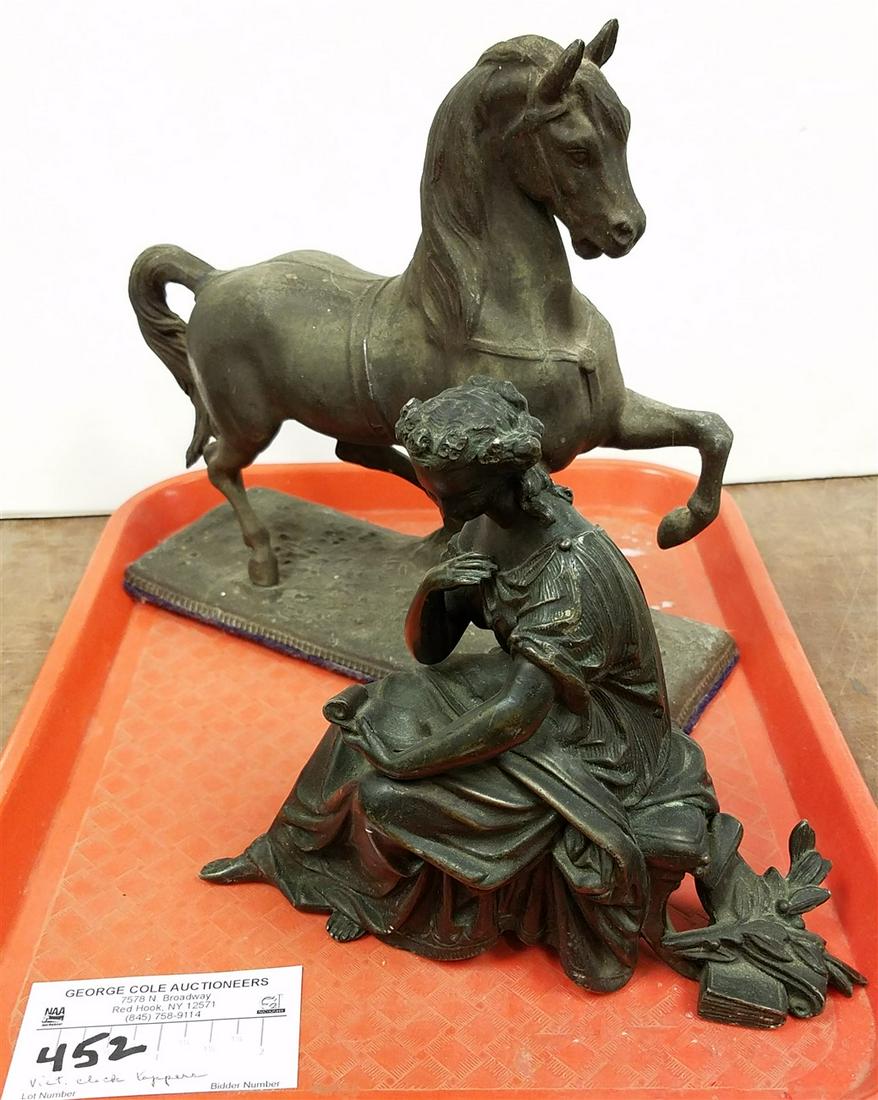 TRAY 2 VICT. WHITE METAL FIGURAL MANTEL CLOCK TOPPERS- HORSE 8 1/2"H X 9 1/2"L & SEATED WOMAN 6 1/2" (1 of 4)