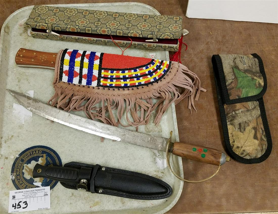 TRAY KNIVES STAINLESS IN BEADED LEATHER SHEATH, INDIA 18", BX'D CHINESE 12", GERBER FOLDING: TRAY KNIVES STAINLESS IN BEADED LEATHER SHEATH, INDIA 18", BX'D CHINESE 12", GERBER FOLDING