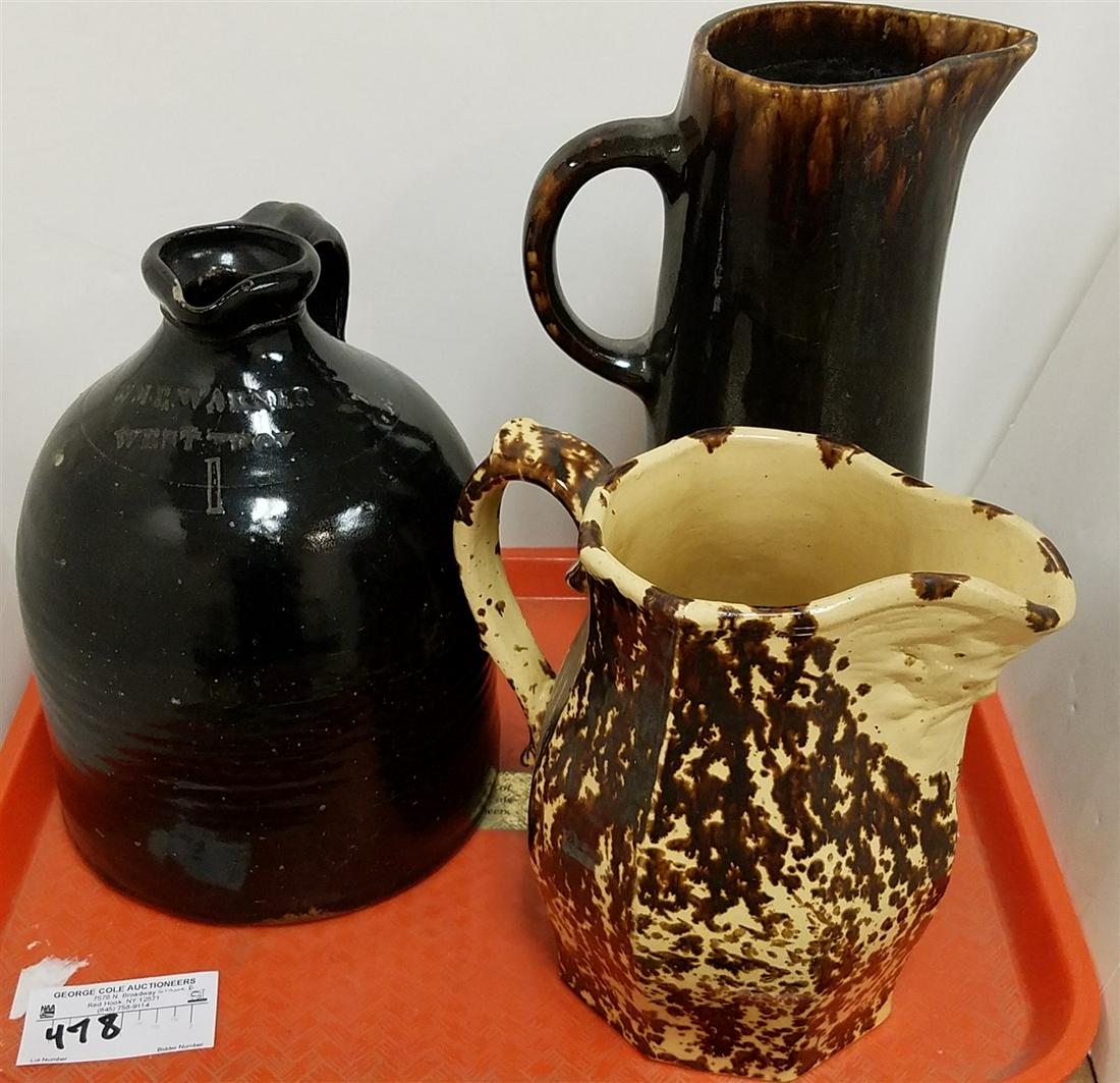 TRAY 19TH C. SPONGEWARE PITCHERS, W.M.E WARREN TRAY NY TIN GLAZE JUG (1 of 5)