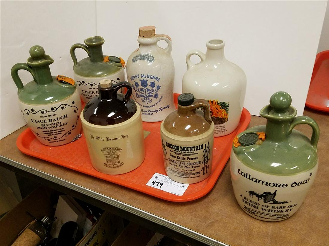 TRAY STONEWARE JUGS TULLAMORE DEW, RACCOON MT, UISGE BOUGH, HENRY MCKENNA, ETC. (1 of 8)