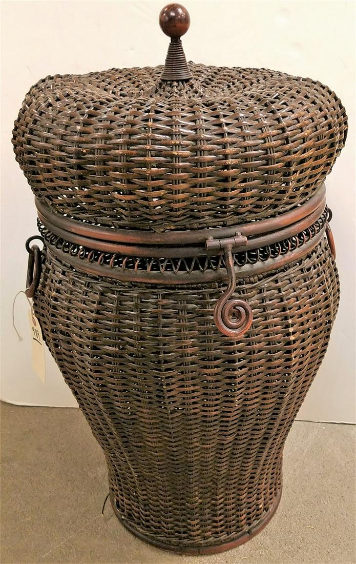 WICKER METAL FRAME HAMPER 27"H X 15"DIA: WICKER METAL FRAME HAMPER 27"H X 15"DIA