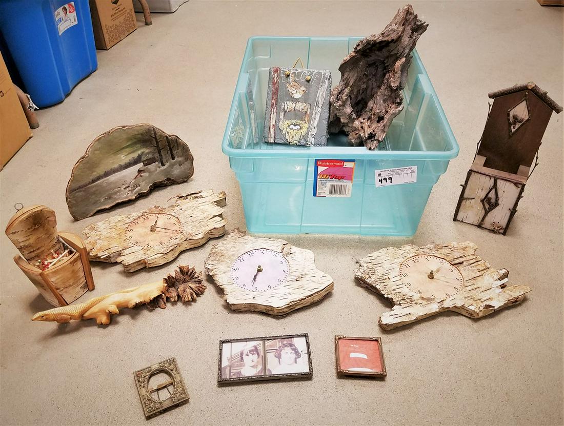 TUB ADIRONDACK BIRCH BARK CLOCKS, MATCH POCKETS ETC. (1 of 8)