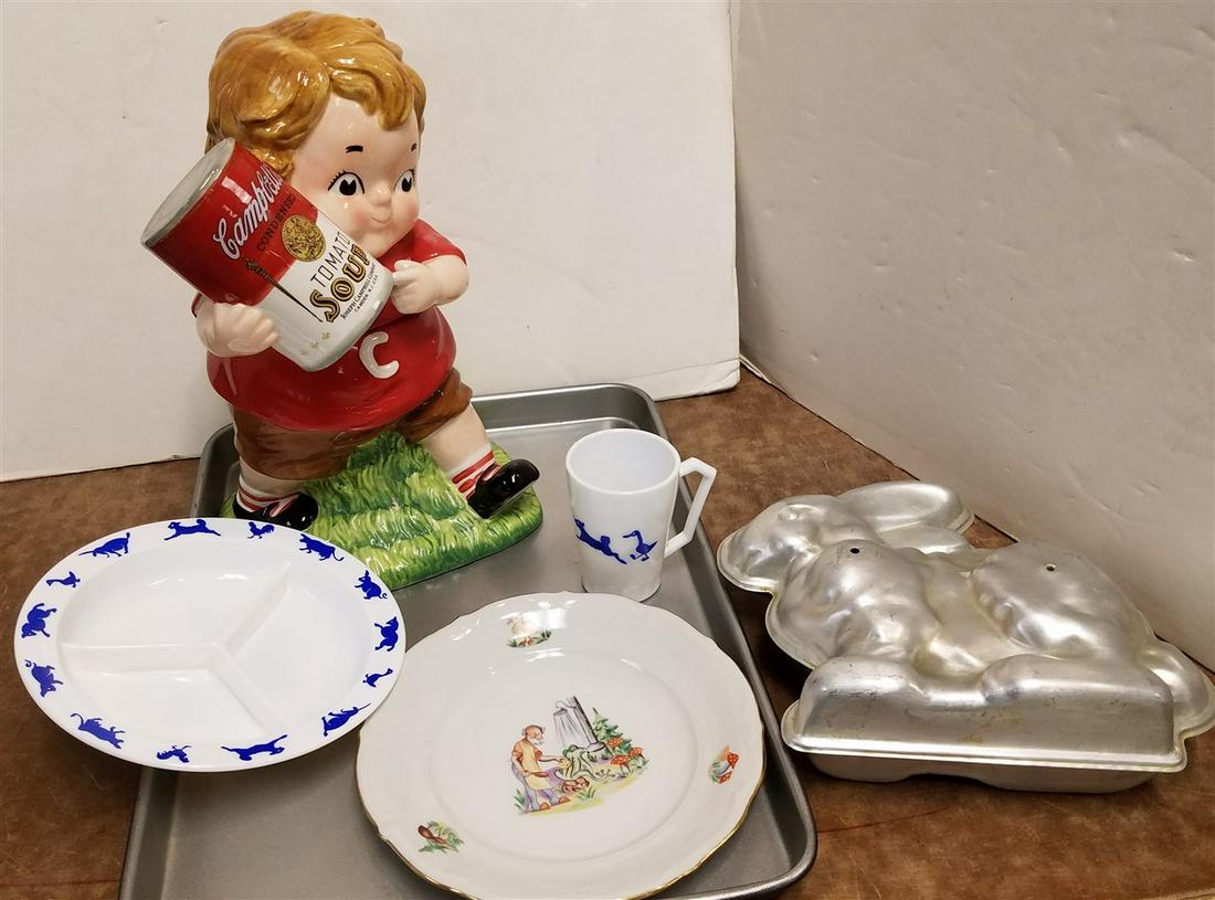 TRAY CAMPBELLS SOUP COOKIE JAR CHILDS PLATE & CUP, RABBIT MOLD ETC. (1 of 6)
