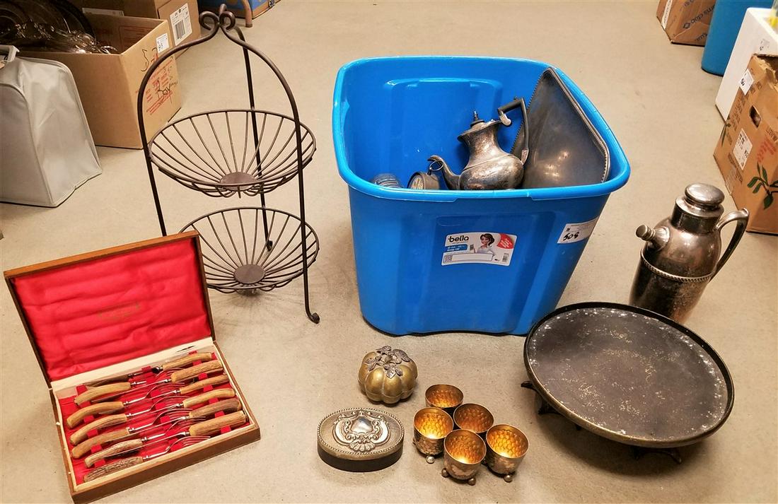 TUB SILVERPLATE, PEWTER, BX'D STAG HORN KNIFE &FORK SET ETC. (1 of 5)