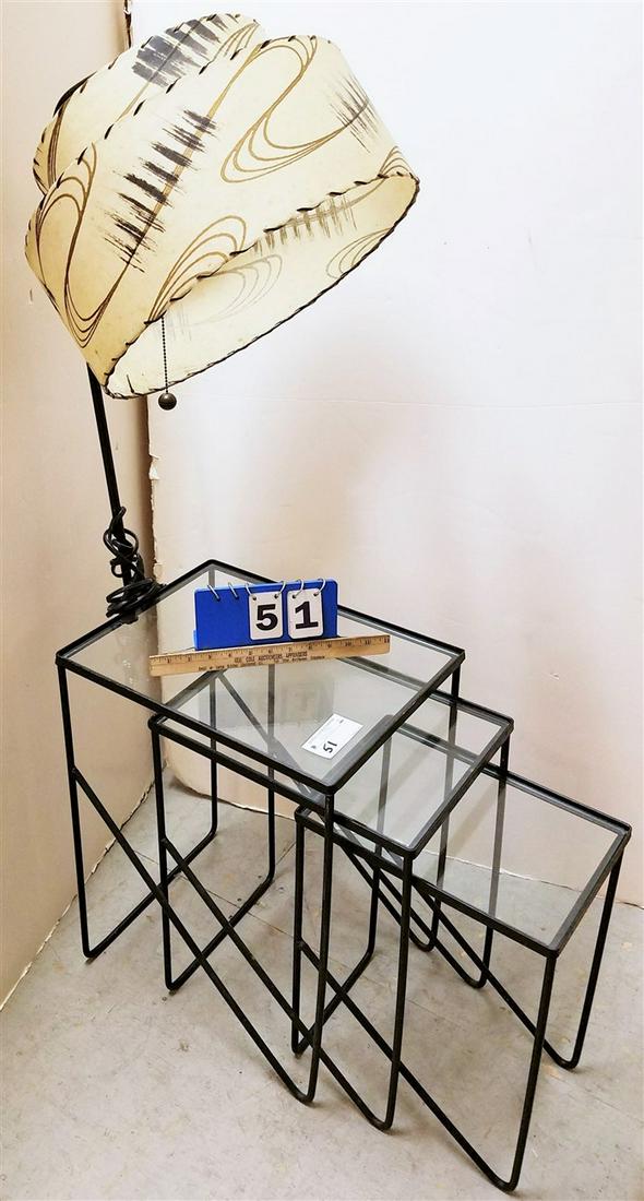 MID CENTURY WROUGHT NEST OF 3 TABLES W/ GLASS TOPS AND LG ONE HAS ATTACHED LAMP 21"H X 12 1/2"W X 16 (1 of 5)