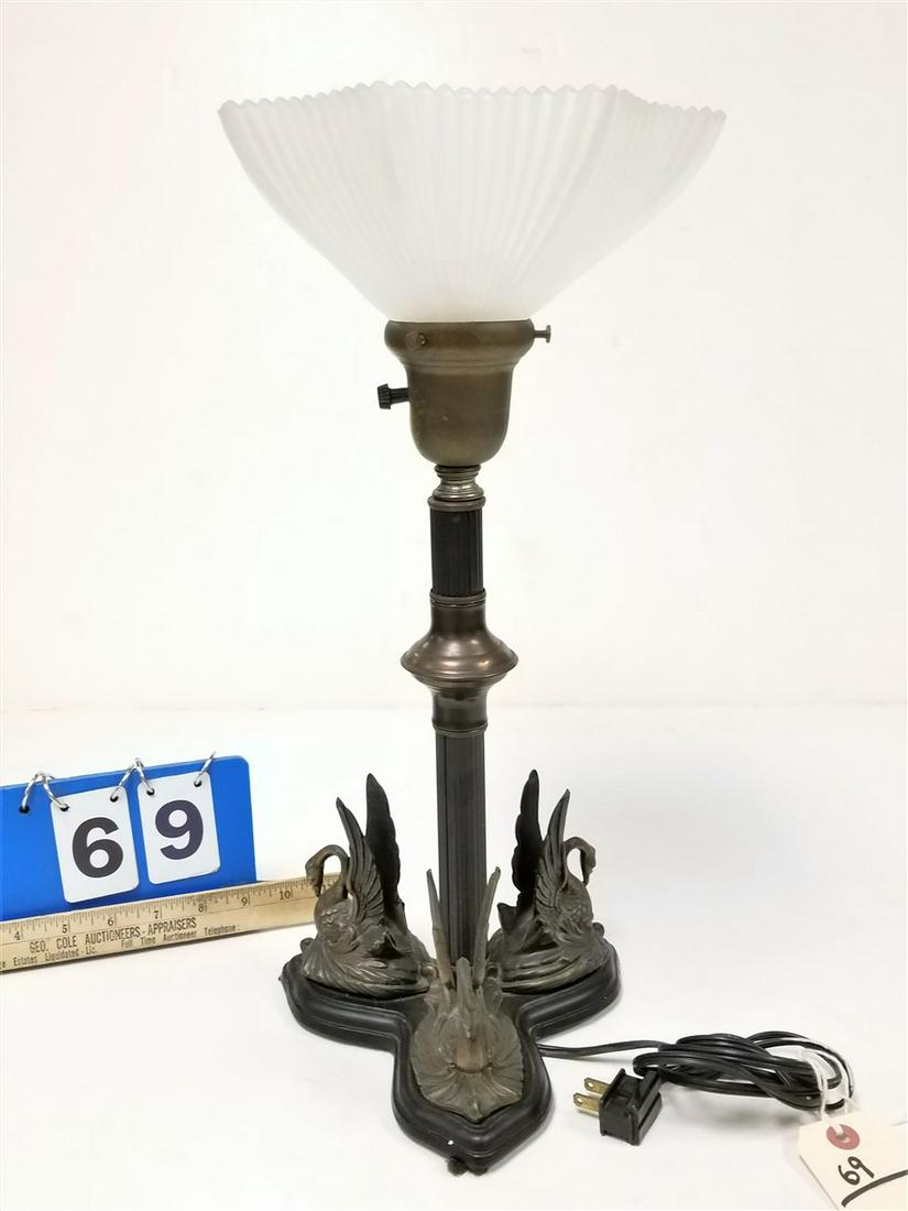 METAL SWAN BASE LAMP W/ GLASS SHADE 18" (1 of 3)