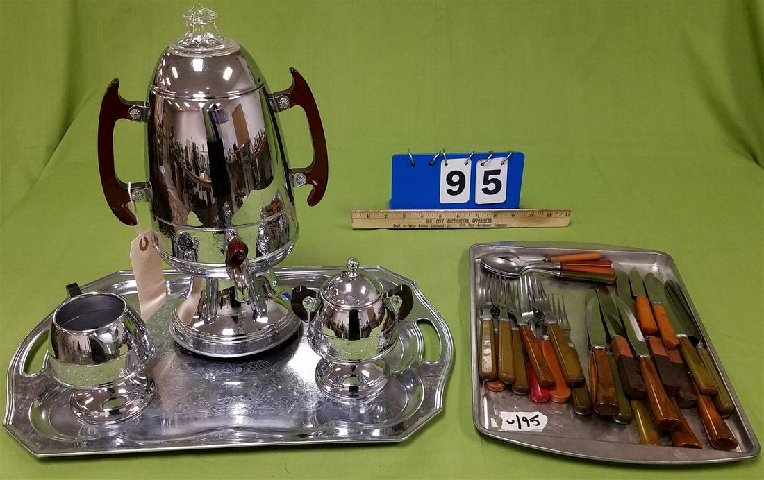 DECO CHROME LIMITED AUTOMATIC COFFEE MAKER, TRAY, CREAM AND SUGAR AND TRAY BAKELITE FLATWARE (1 of 4)