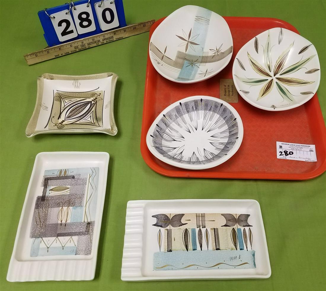 TRAY 6 PC. SASCHA BRASTOFF ABSTRACT ORIGINALS 2 ASHTRAYS 1"H X 8 1/2"W X 4 1/14"D, BOWL 2"H X 7"W X: TRAY 6 PC. SASCHA BRASTOFF ABSTRACT ORIGINALS 2 ASHTRAYS 1"H X 8 1/2"W X 4 1/14"D, BOWL 2"H X 7"W X 6"D, 1 1/4"H X 6 1/14"SP, 2 FOOTED BOWLS 2"H X 9"W X 7"D