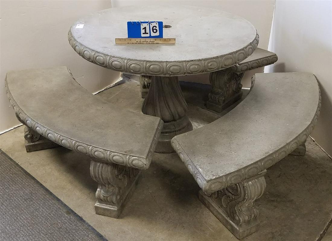 CST CEMENT TABLE 30 1/2"H X 42" DIAM W/ 3 BENCHES 17 1/2"H X 52"W X 16"D (1 of 6)
