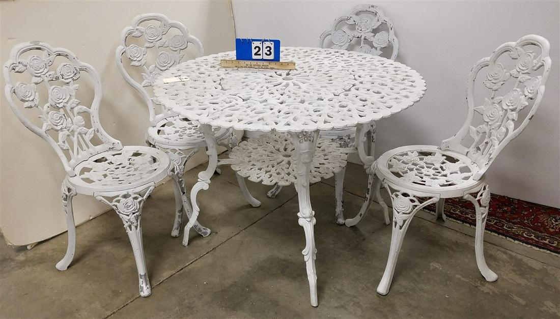 METAL GARDEN TABLE 28 1/2"H X 38 1/2" DIAM W/ 4 CHAIRS (1 of 3)