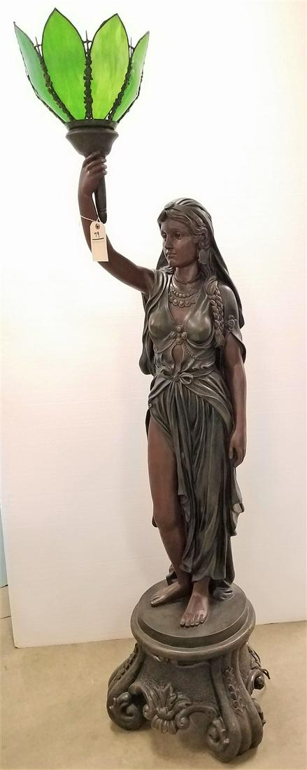 FIBERGLASS STATUE OF A WOMAN HOLDING A TORCH W/ SLAG GLASS SHADE 6'6"H: FIBERGLASS STATUE OF A WOMAN HOLDING A TORCH W/ SLAG GLASS SHADE 6'6"H
