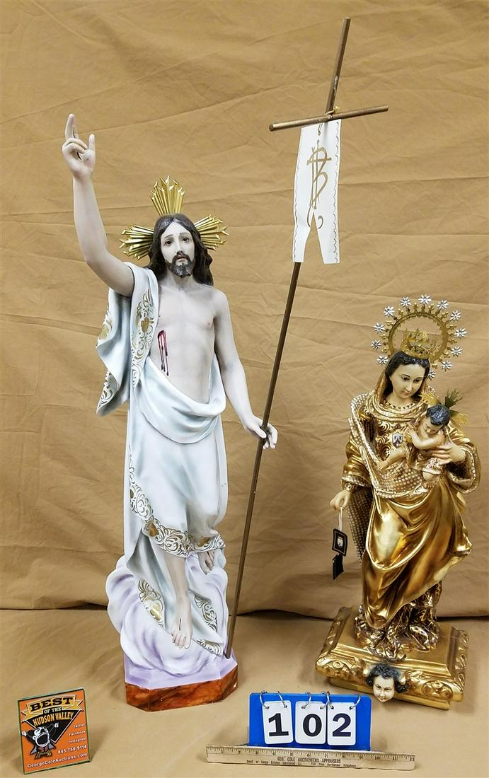 TWO POLY RESIN CHRIST 35 1/2" W/ WOODEN STAFF 38 1/2" AND MADONNA AND CHILD 37 1/2": TWO POLY RESIN CHRIST 35 1/2" W/ WOODEN STAFF 38 1/2" AND MADONNA AND CHILD 37 1/2"