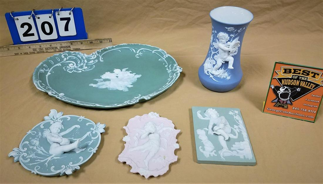 TRAY 4 GERMAN BISQUE PLAQUES 9 1/2" X 12 3/4",5 1/4" X 3 1/2" 5 1/2" X 4", 6 1/4 DIAM, VASE 6 1/4"H (1 of 12)
