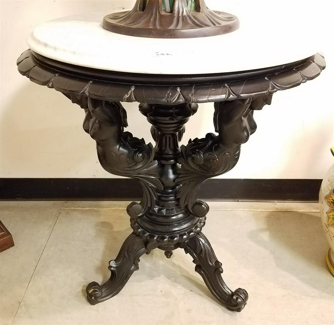 VICT EBONIZED MARBLE TOP STAND W/ FIGURAL PEDESTAL BASE 28 1/2"H X 2' DIAM (1 of 4)