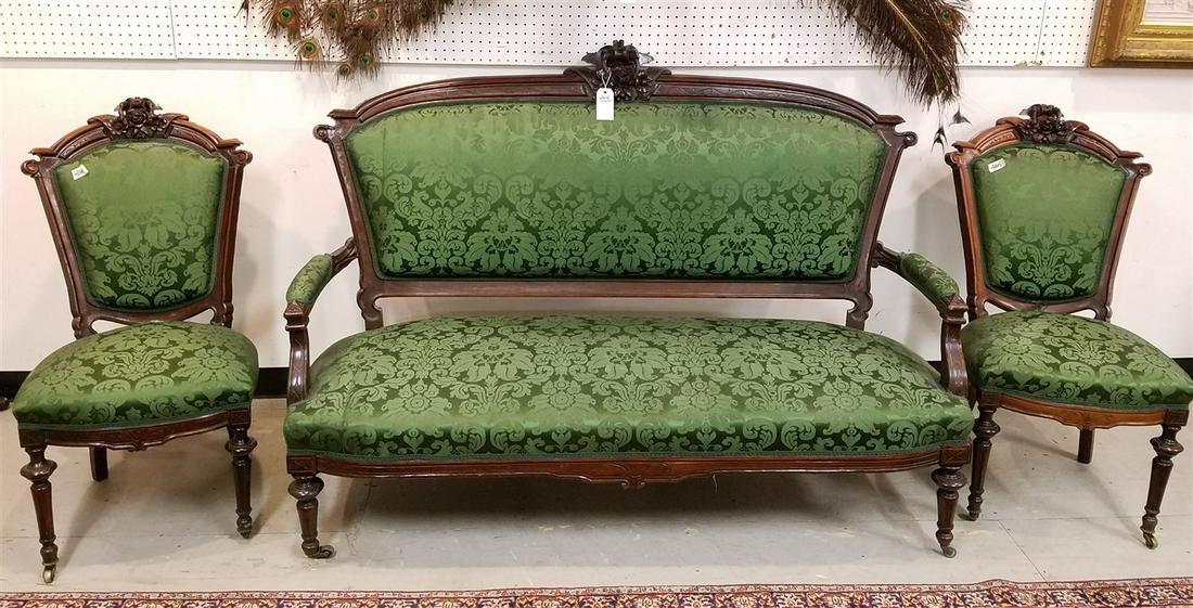 VICT WALNUT UPHOLS SOFA 45"H X 5'3"L W/ PR MATCHING SIDE CHAIRS (1 of 11)