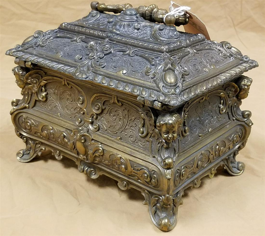 VICT WHITE METAL JEWELRY CASKET 7 1/2"H X 9"W X 6 1/2"D: VICT WHITE METAL JEWELRY CASKET 7 1/2"H X 9"W X 6 1/2"D