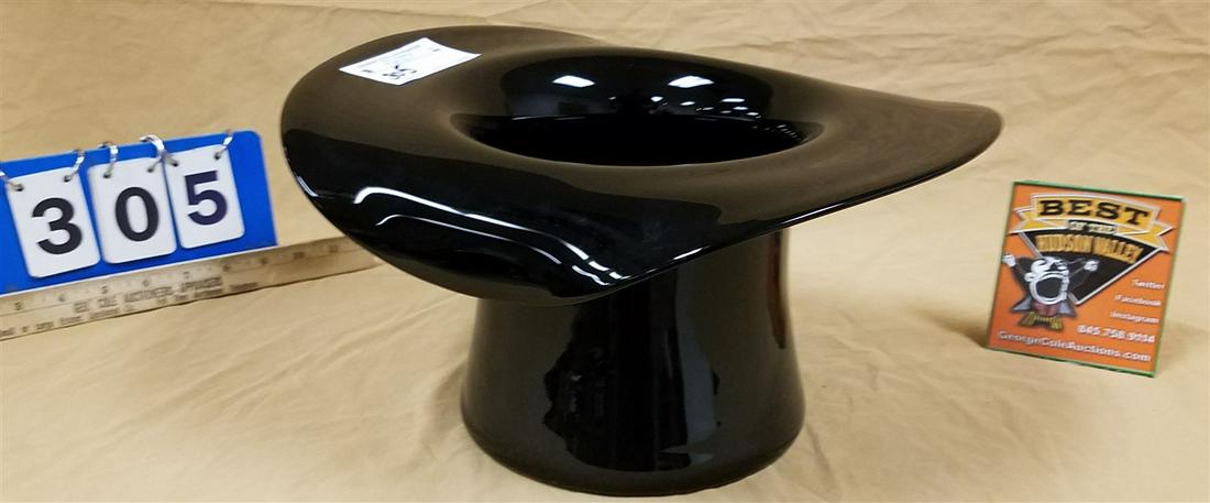 HAND BLOWN BLACK AMETHYST TOP HAT 7 1/2"H X 13 1/2"W X 11"D: HAND BLOWN BLACK AMETHYST TOP HAT 7 1/2"H X 13 1/2"W X 11"D