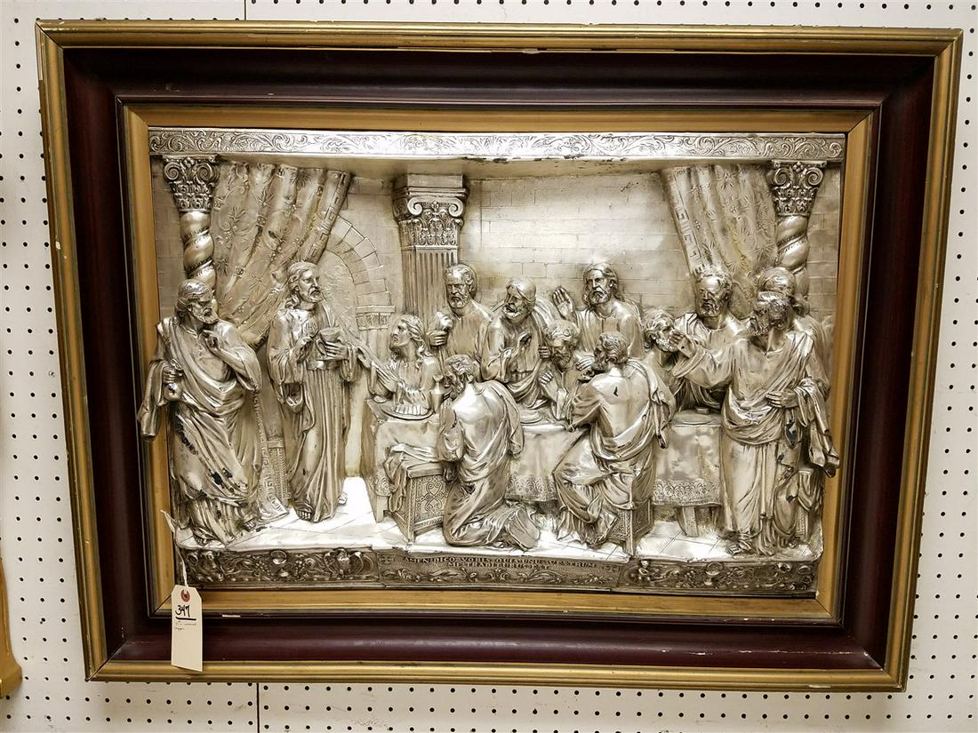 19TH C FRAMED HIGH RELIEF SILVERED COPPER LAST SUPPER 20 1/2" X 30X (1 of 11)
