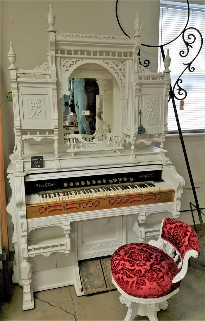 VICT STORY AND CLARK WALNUT PUMP ORGAN PTD WHITE 7'3"H X 4'10"W X 23 1/2"D W/ STOOL (1 of 6)