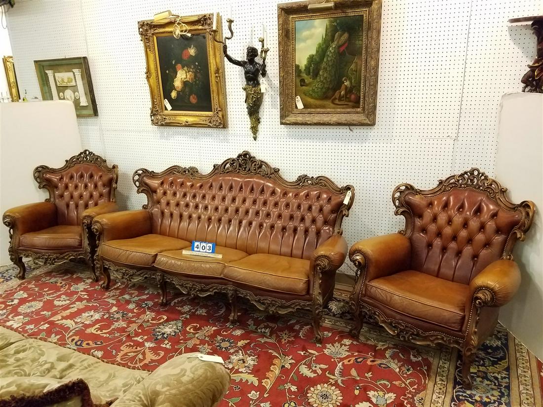 LEATHER UPHOLS 6'8" SOFA W/ PR CLUB CHAIRS LITTLE DAMAGE IN LEATHER ON ONE CHAIR TOP (1 of 4)