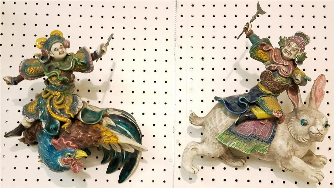 PR CHINESE GLAZED POTTERY FIGURES- RIDER ON ROOSTER 13"H X 12"W AND RIDER ON RABBIT 13"H X 12"W WALL (1 of 3)