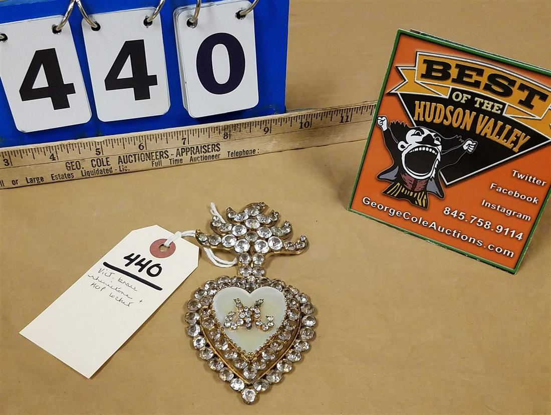 VICT. BRASS & RHINESTONE & MOP LOCKET 5" X 2 3/4": VICT. BRASS & RHINESTONE & MOP LOCKET 5" X 2 3/4"